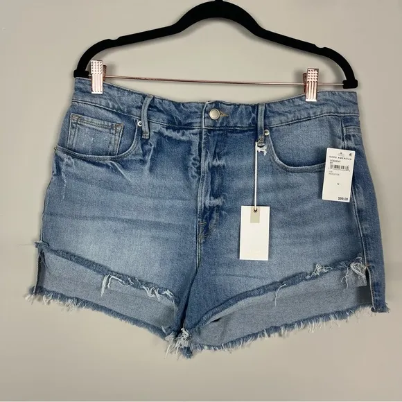 NWT GOOD AMERICAN GOOD CURVE MINI DENIM SHORTS HIGH RISE SIZE 14
