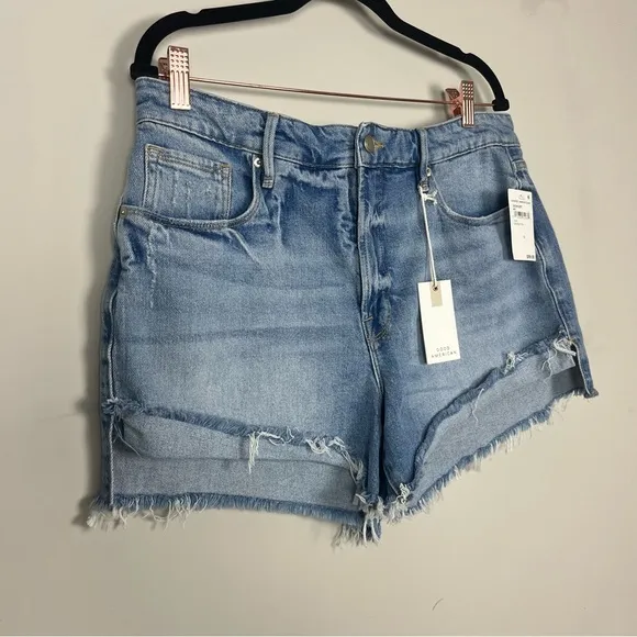 NWT GOOD AMERICAN GOOD CURVE MINI DENIM SHORTS HIGH RISE SIZE 14