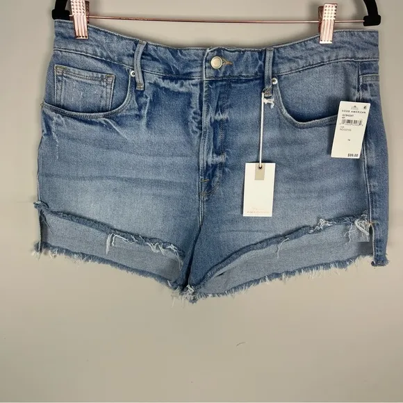 NWT GOOD AMERICAN GOOD CURVE MINI DENIM SHORTS HIGH RISE SIZE 14