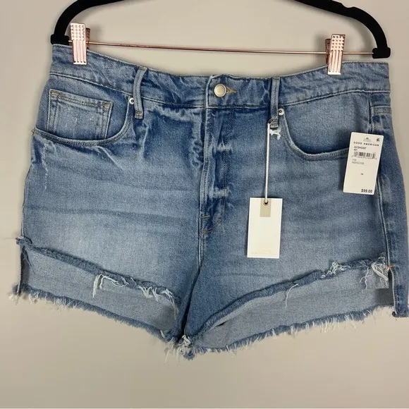 NWT GOOD AMERICAN GOOD CURVE MINI DENIM SHORTS HIGH RISE SIZE 14