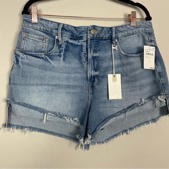 NWT GOOD AMERICAN GOOD CURVE MINI DENIM SHORTS HIGH RISE SIZE 14