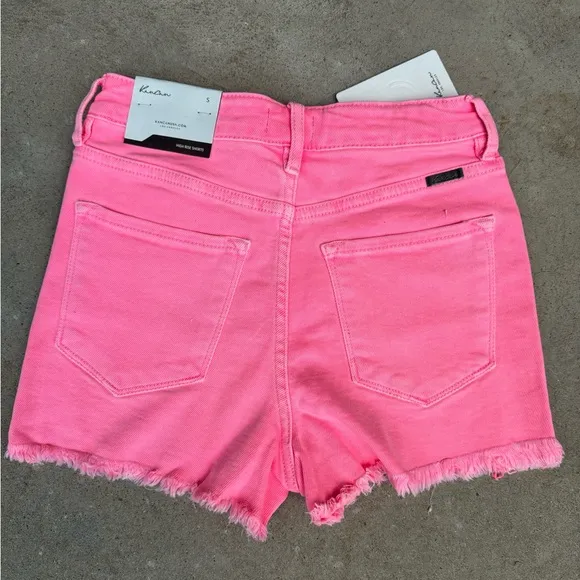 NWT Kancan neon pink high rise frayed hem denim jean shorts