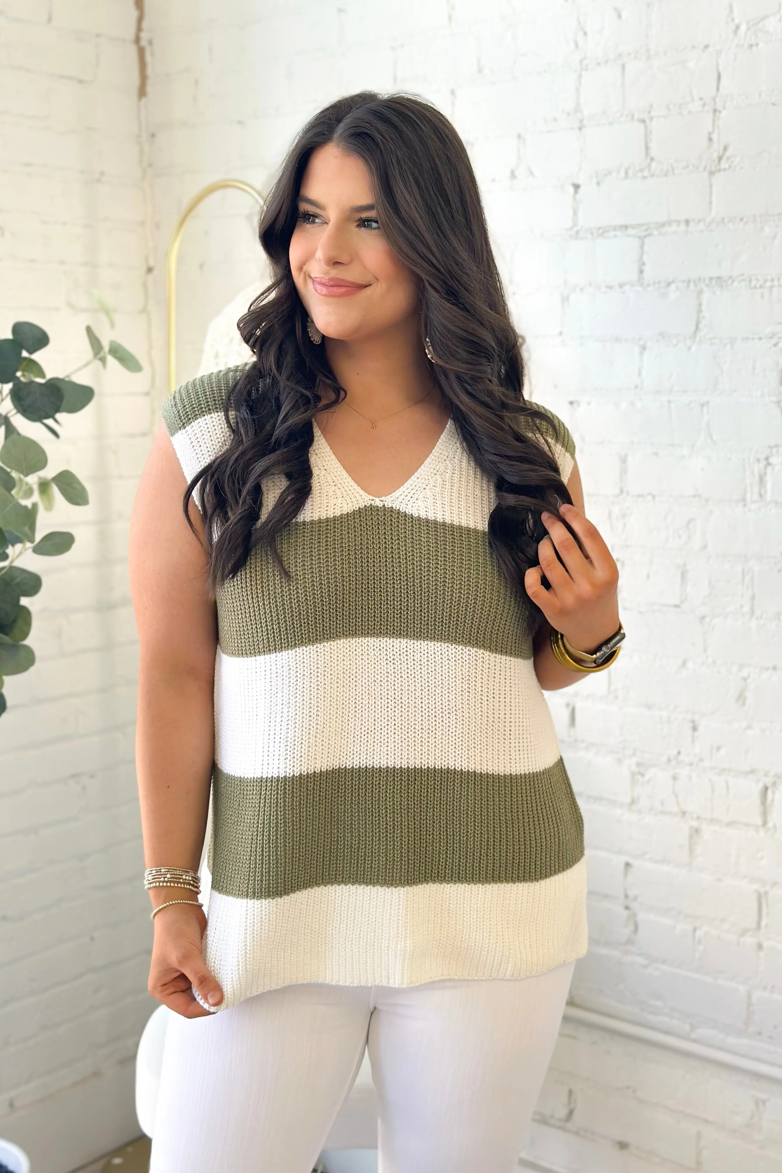 Off White and Olive V-Neck Ribbed Sweater Vest