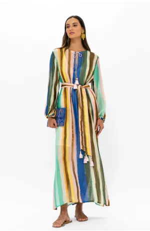 Oliphant Belted Long Sleeve Shift Maxi- Zanzibar Multi