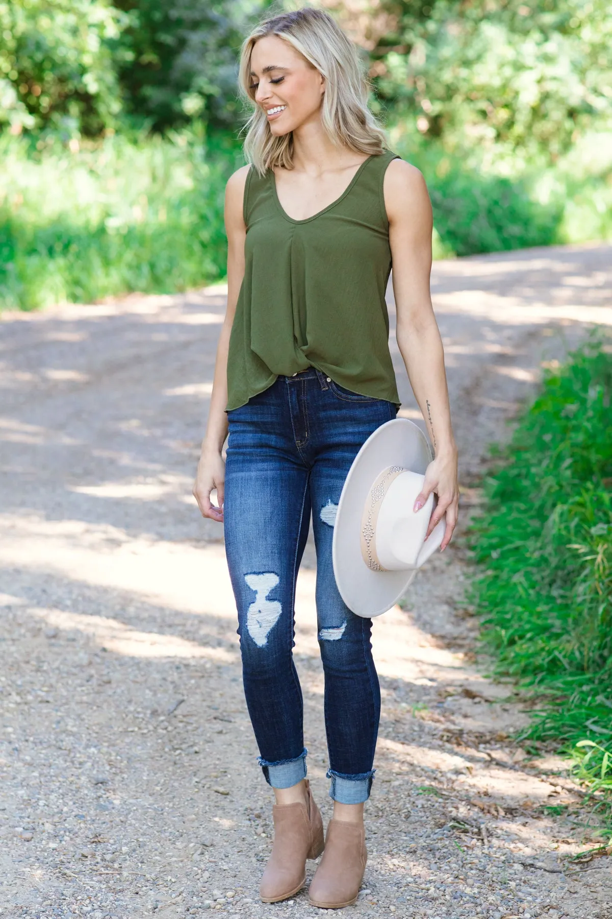 Olive Twist Hem V-Neck Tank