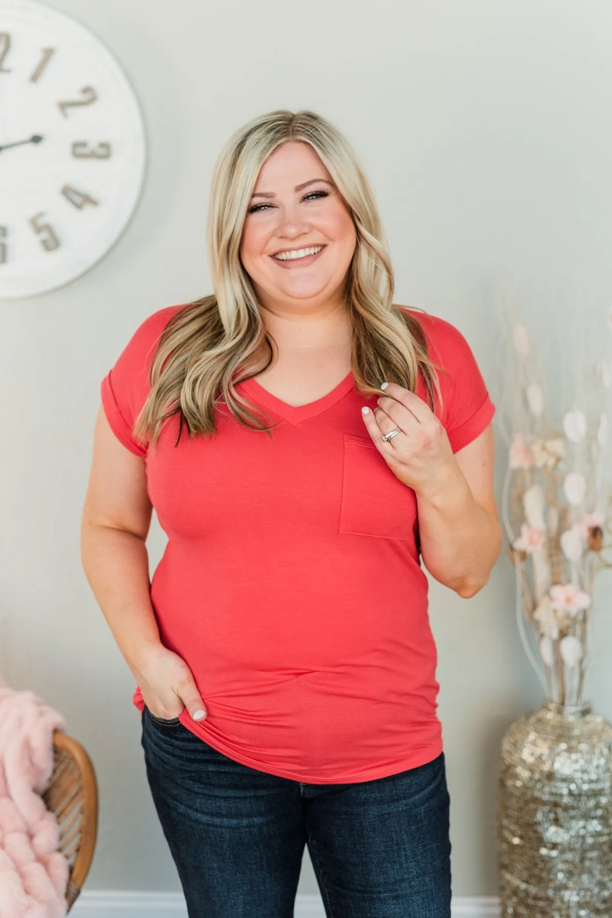 On My Own V-Neck Pocket Top- Punch Pink