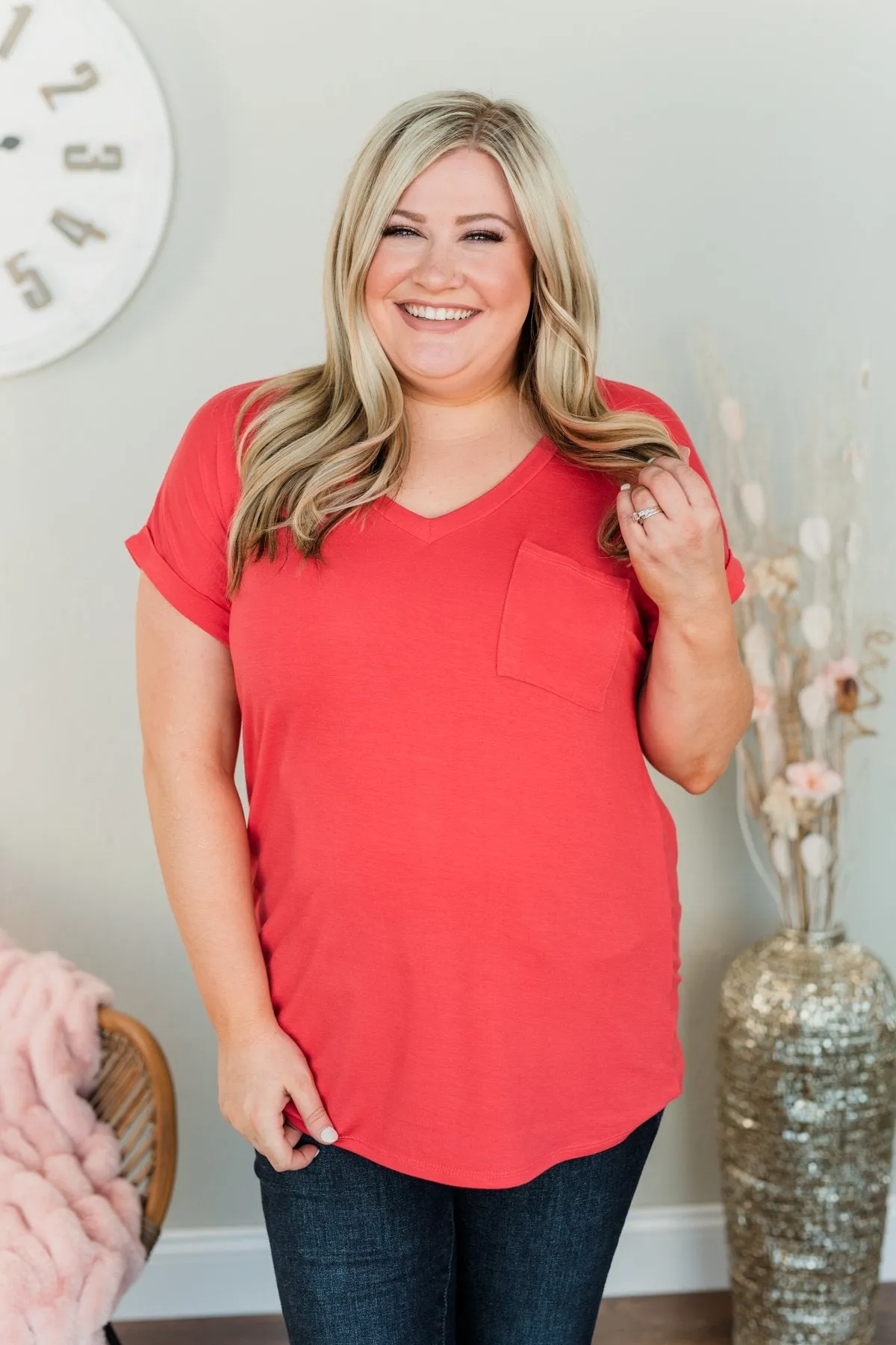 On My Own V-Neck Pocket Top- Punch Pink