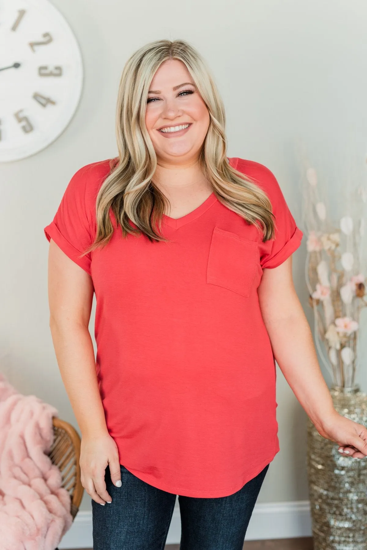 On My Own V-Neck Pocket Top- Punch Pink