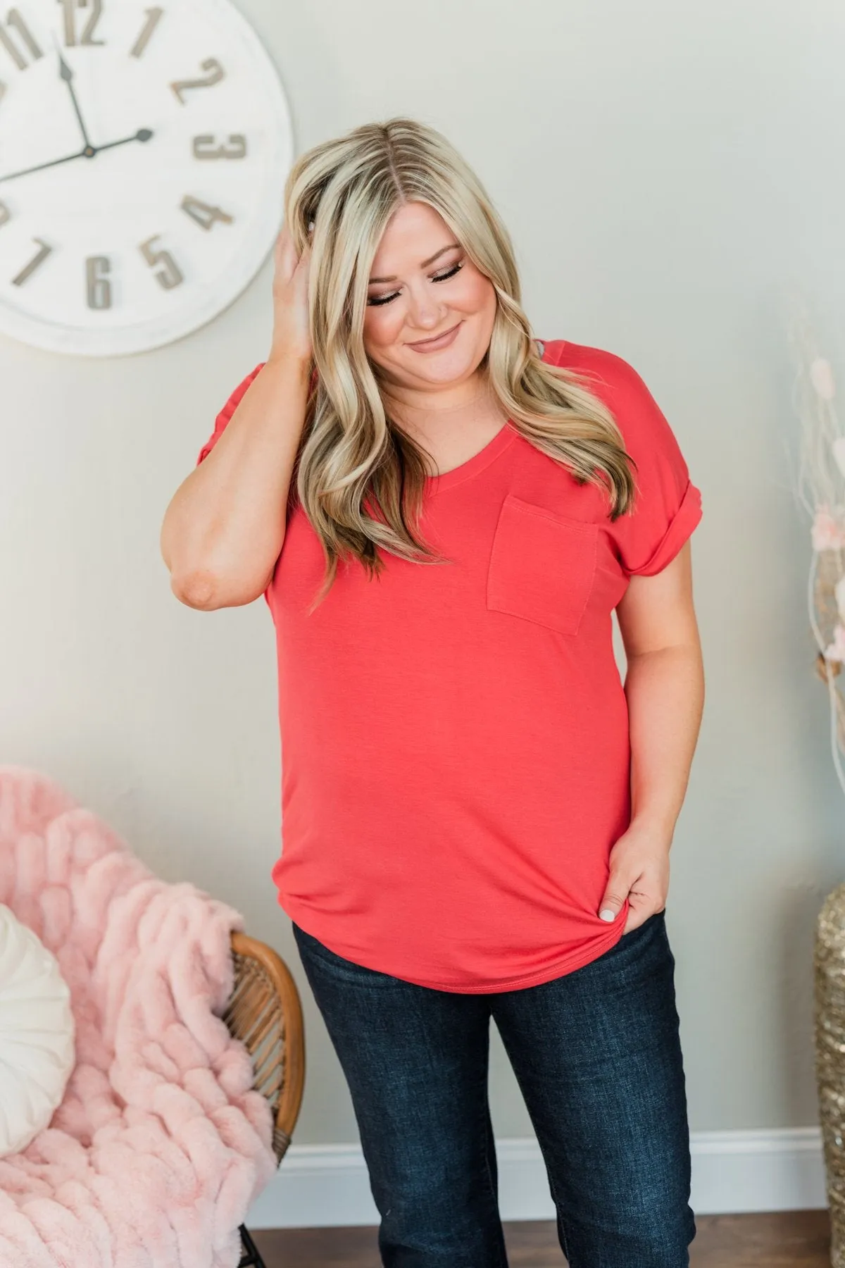On My Own V-Neck Pocket Top- Punch Pink