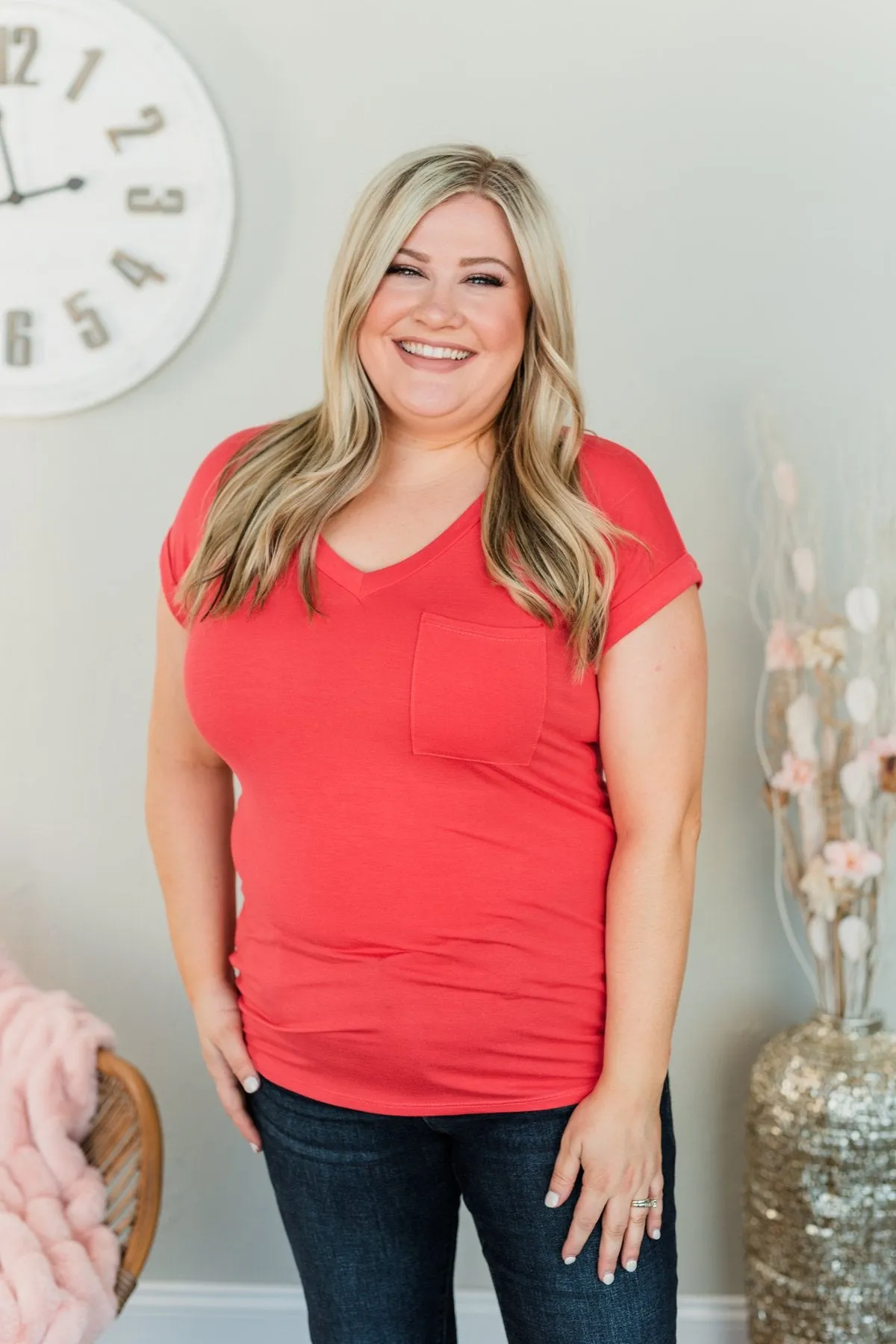 On My Own V-Neck Pocket Top- Punch Pink
