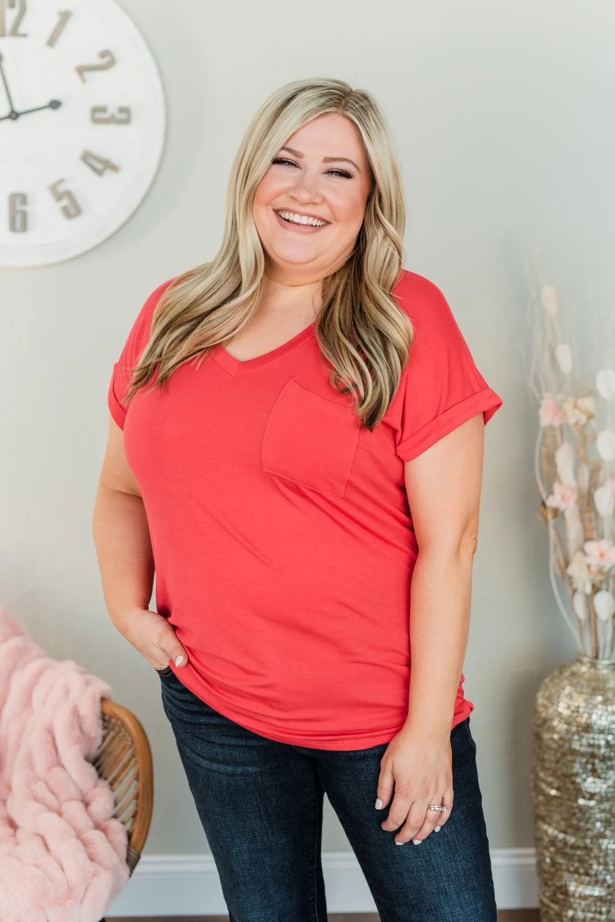 On My Own V-Neck Pocket Top- Punch Pink