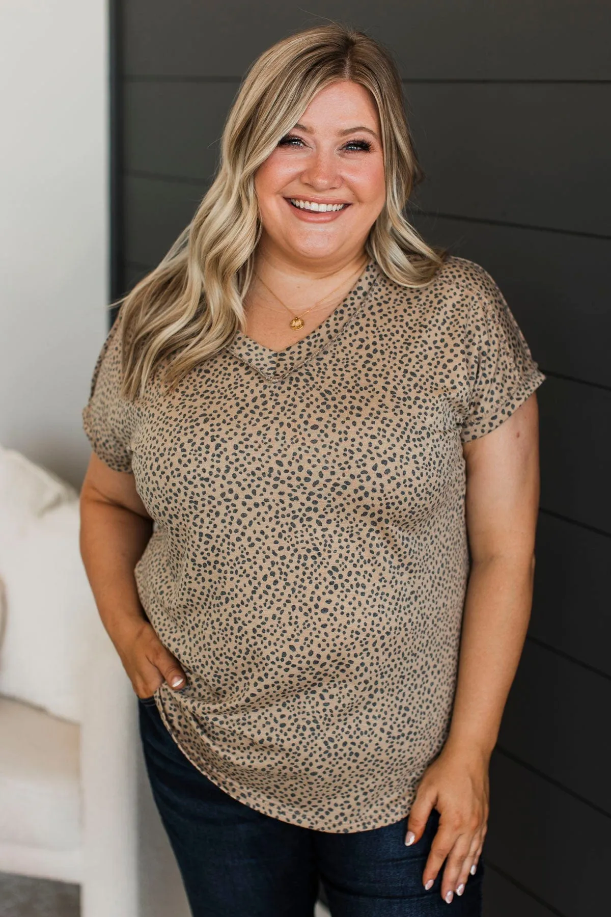On The Spot Printed V-Neck Top- Tan