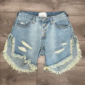 One Teaspoon Frankies Long Length Button Fly Fringe Blue Jean Shorts Size 25