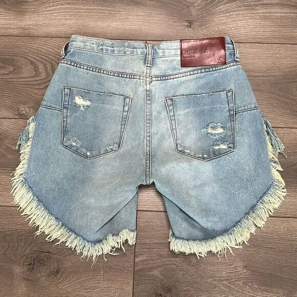 One Teaspoon Frankies Long Length Button Fly Fringe Blue Jean Shorts Size 25