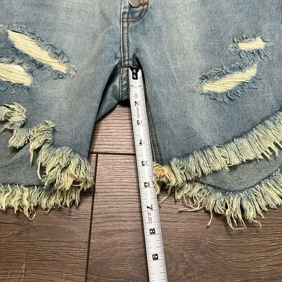 One Teaspoon Frankies Long Length Button Fly Fringe Blue Jean Shorts Size 25