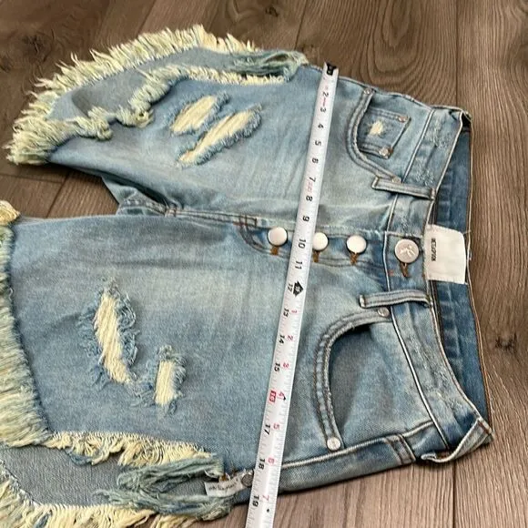 One Teaspoon Frankies Long Length Button Fly Fringe Blue Jean Shorts Size 25