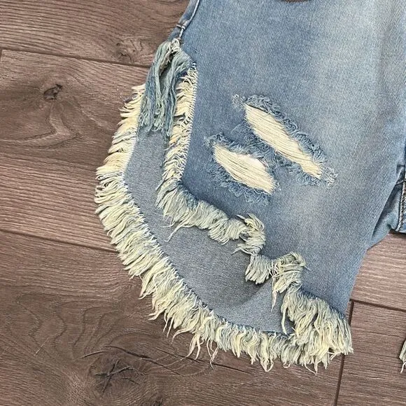 One Teaspoon Frankies Long Length Button Fly Fringe Blue Jean Shorts Size 25