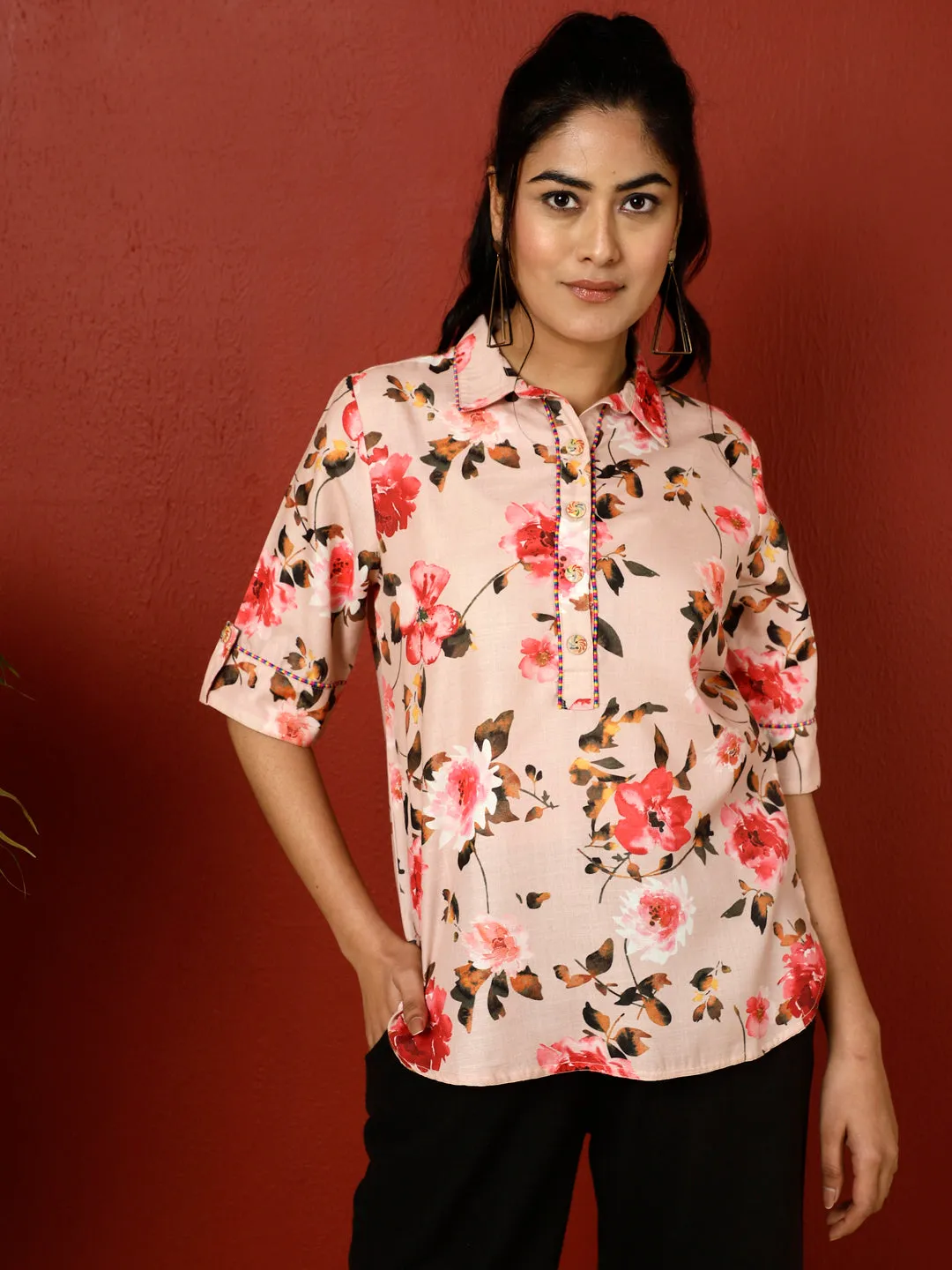 Peach Floral Printed Linen Blend Top