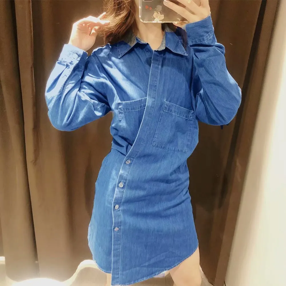 Pile Collar Single-breasted Denim Mini Dresses