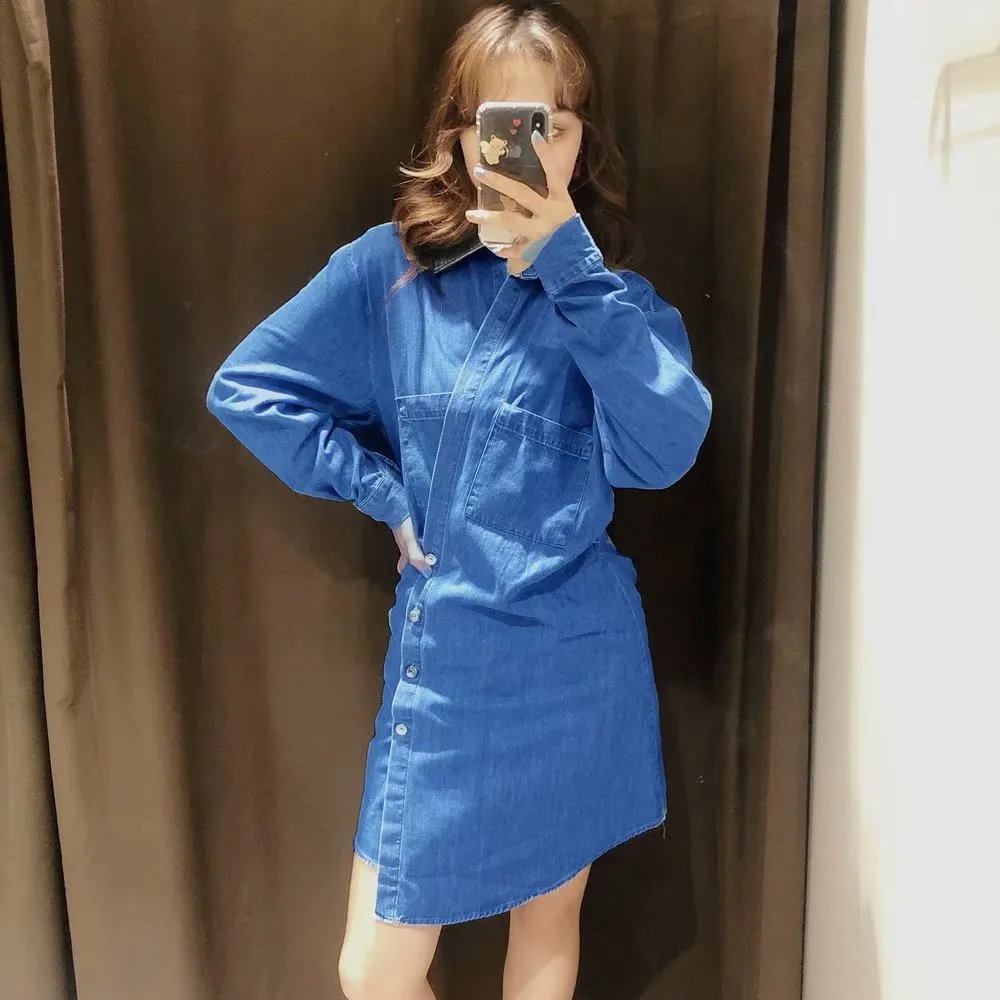 Pile Collar Single-breasted Denim Mini Dresses