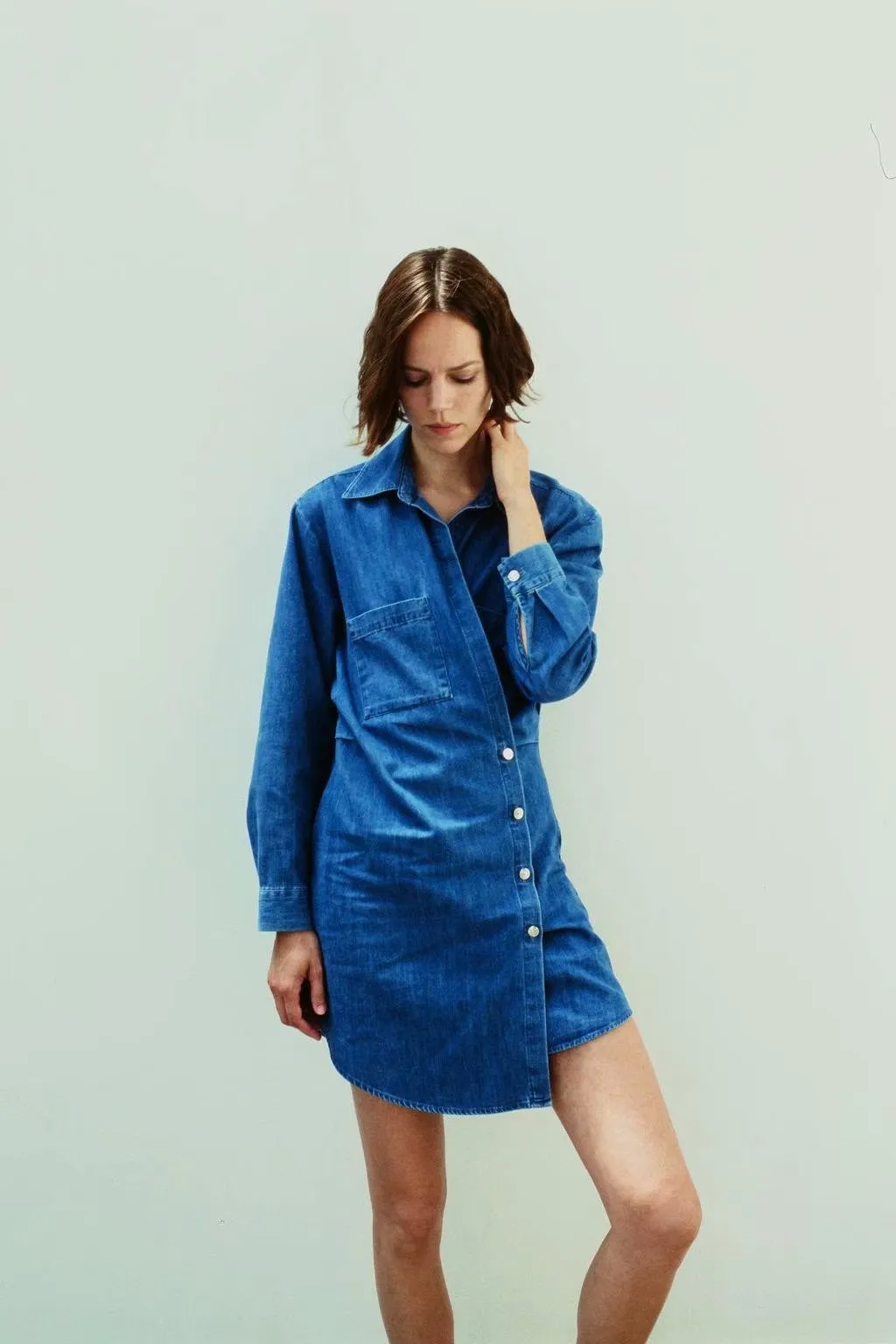 Pile Collar Single-breasted Denim Mini Dresses