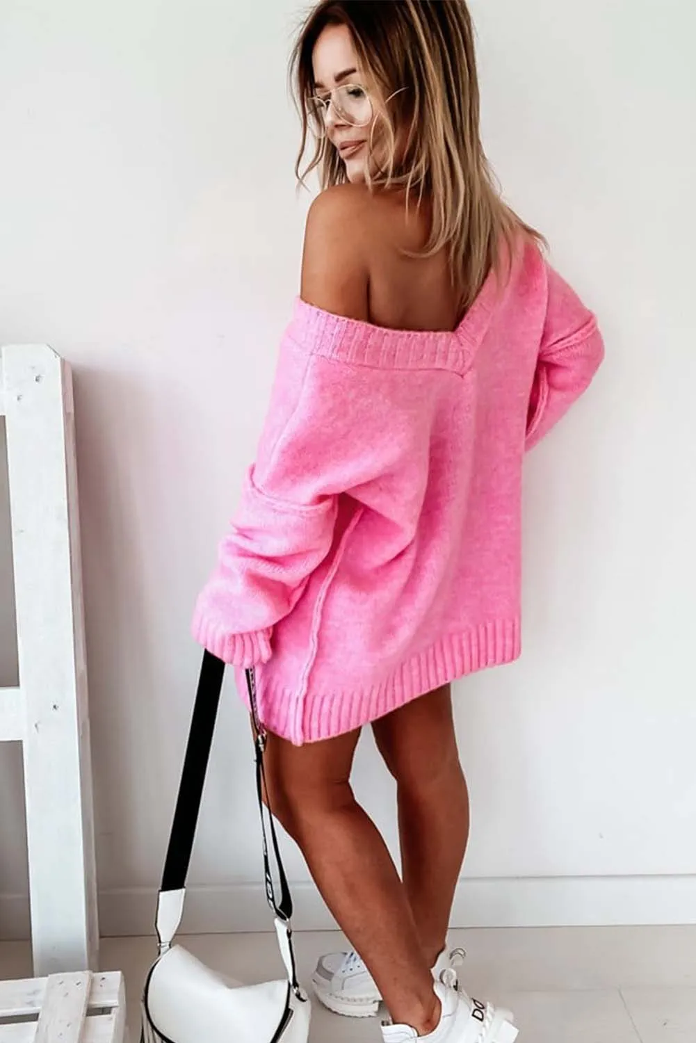 Pink Exposed Seam V Neck Slouchy Sweater