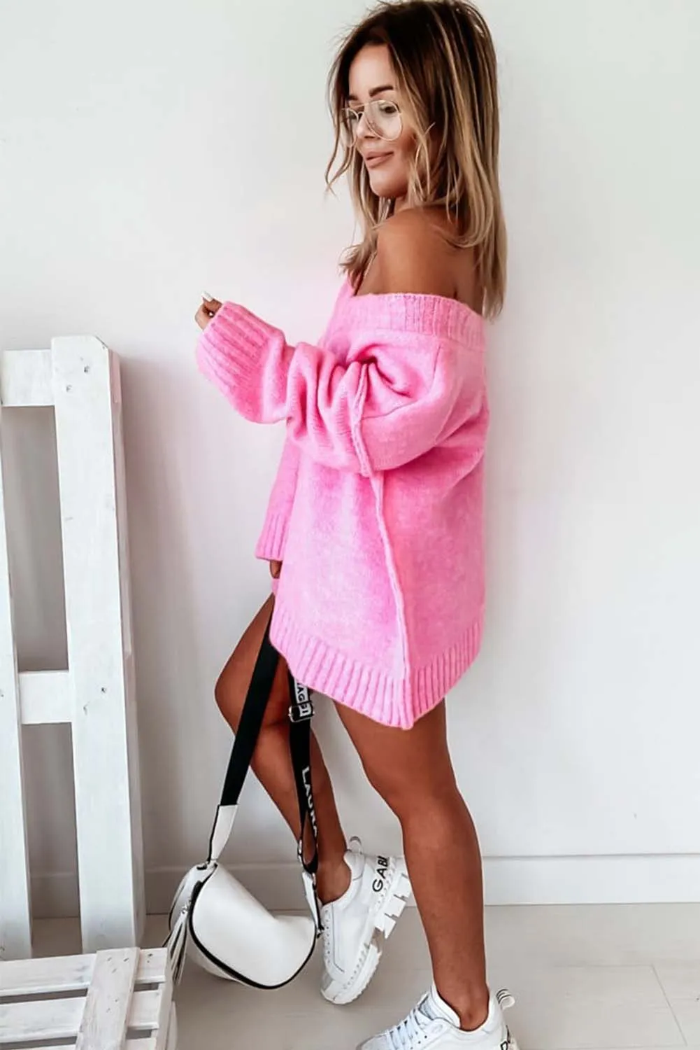 Pink Exposed Seam V Neck Slouchy Sweater