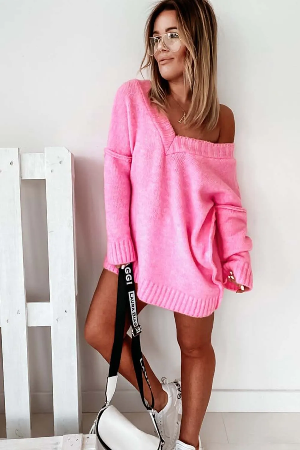 Pink Exposed Seam V Neck Slouchy Sweater