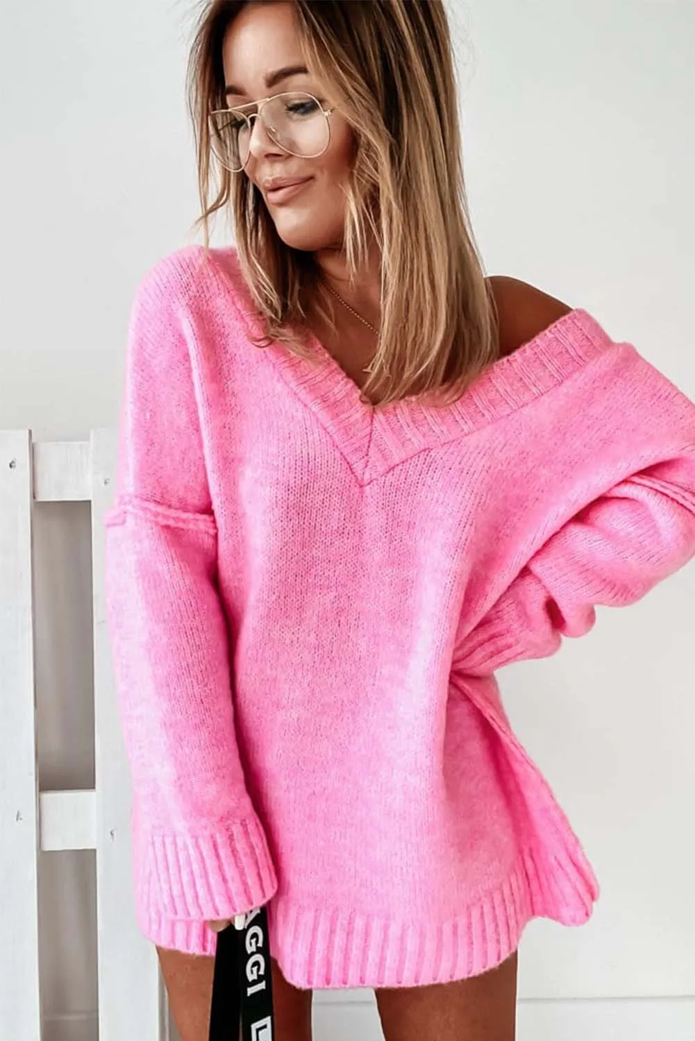 Pink Exposed Seam V Neck Slouchy Sweater