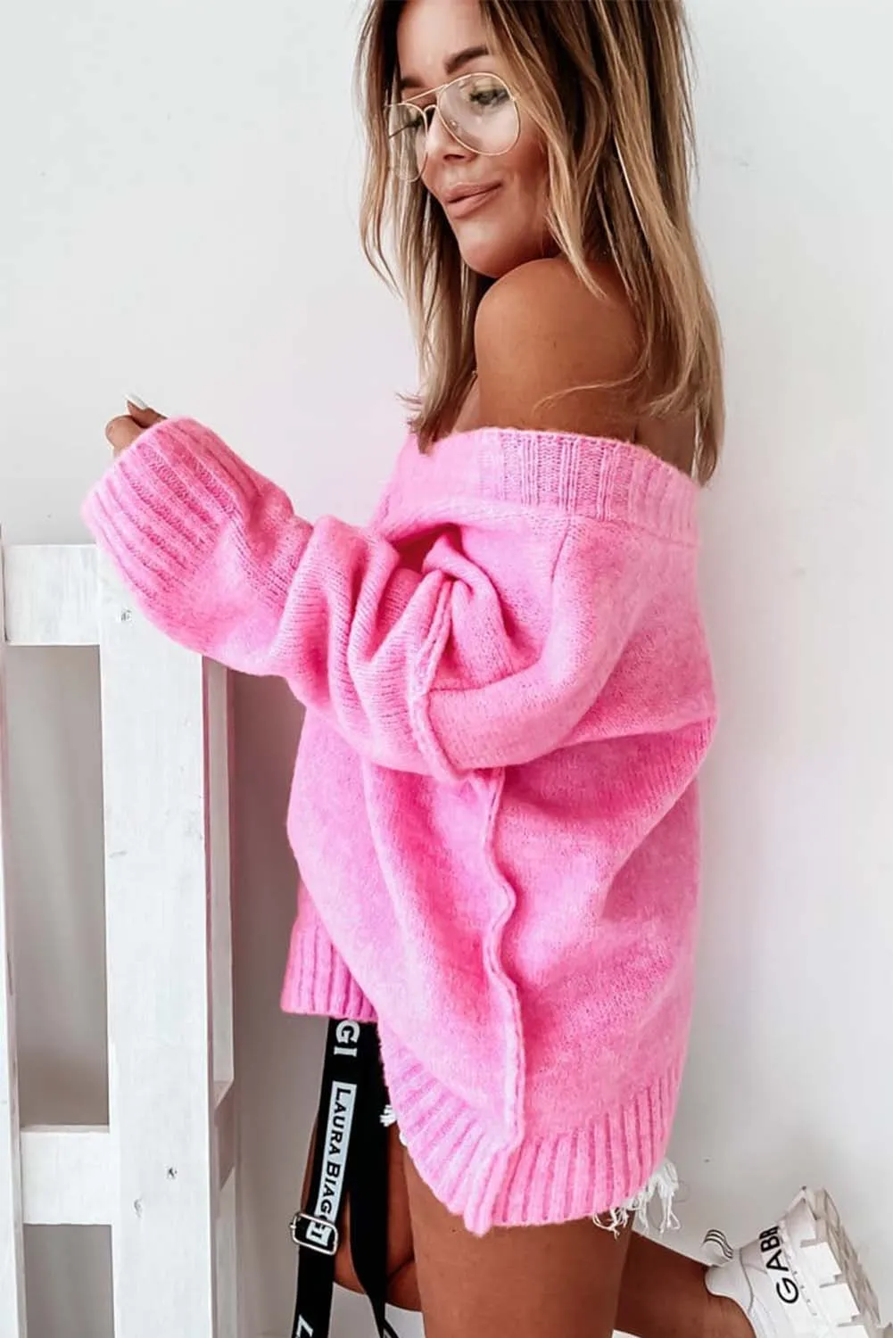Pink Exposed Seam V Neck Slouchy Sweater