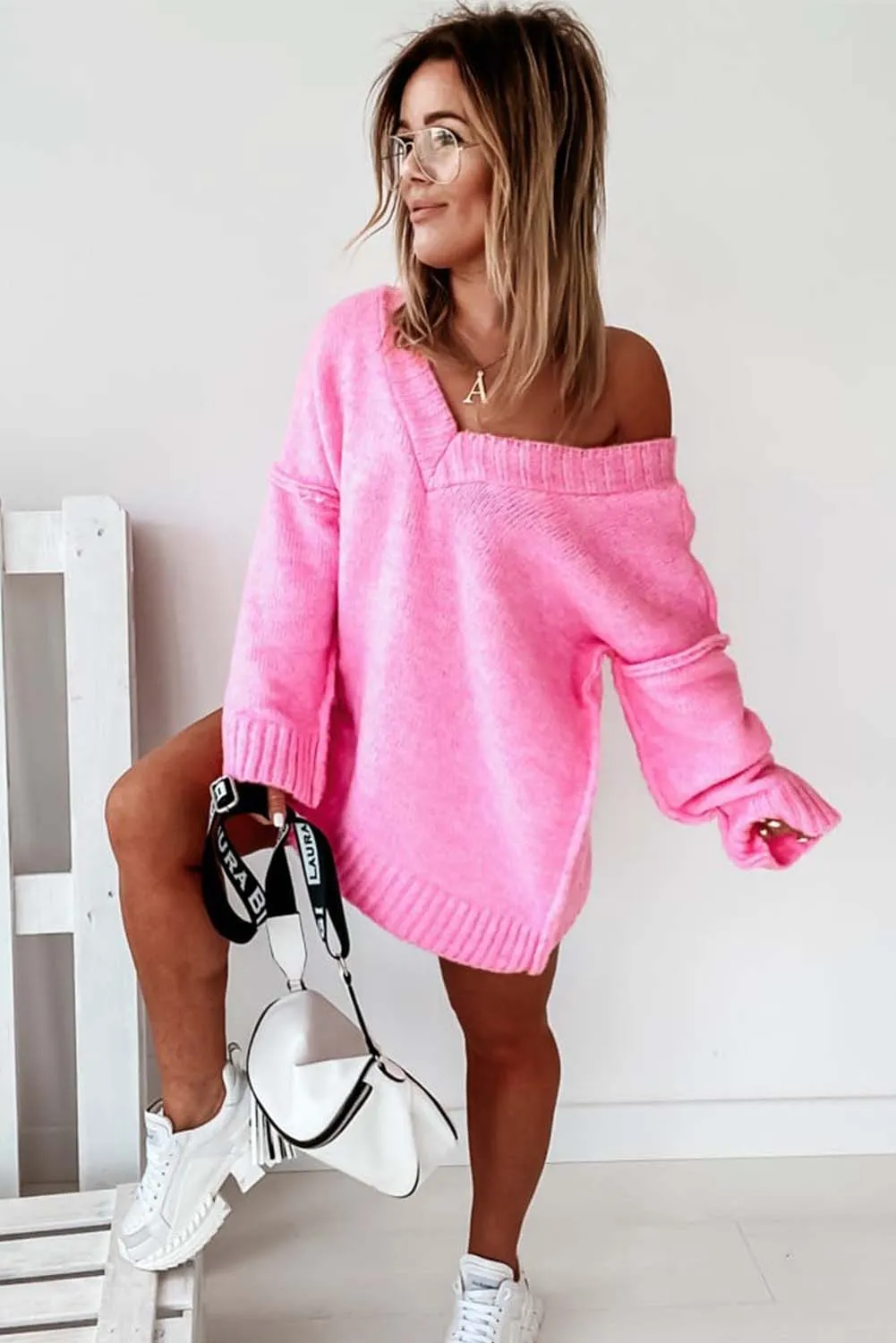 Pink Exposed Seam V Neck Slouchy Sweater