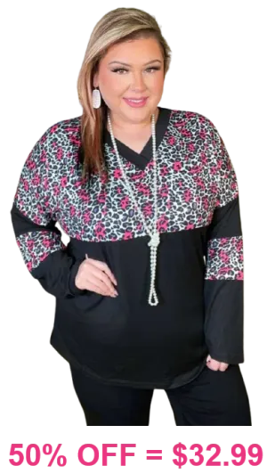 Pink Leopard, Black v-neck, long sleeve top
