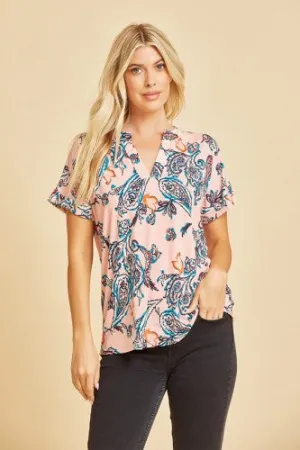 Pink Paisley Print V Neck Tee