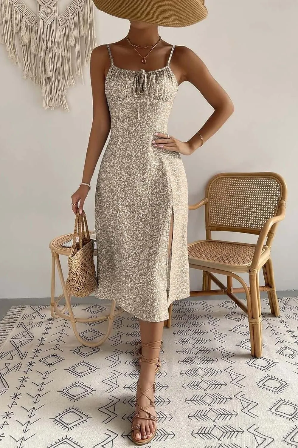 Pleated Backless Lace-up Slit Midi Dress