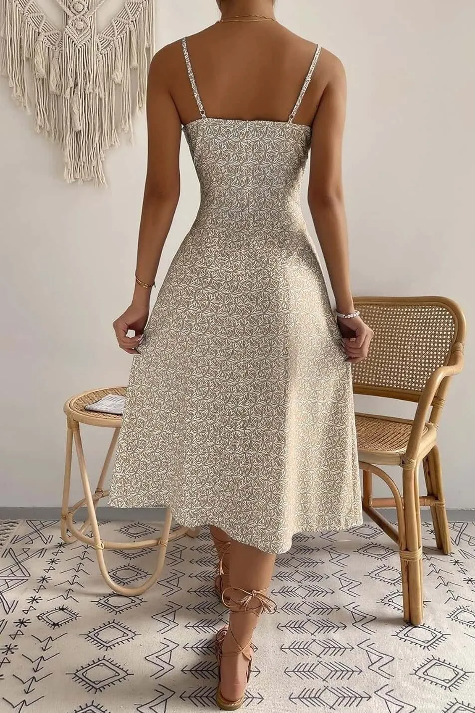 Pleated Backless Lace-up Slit Midi Dress