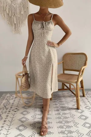 Pleated Backless Lace-up Slit Midi Dress