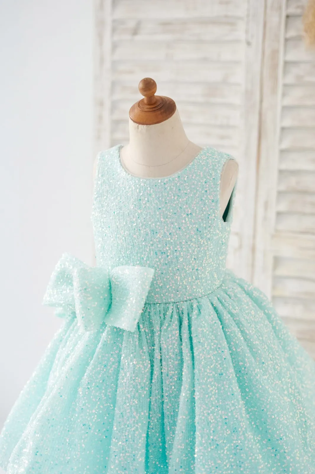 Princess V Back Mint Sequin Wedding Flower Girl Dress Kids Party Dress, Bow
