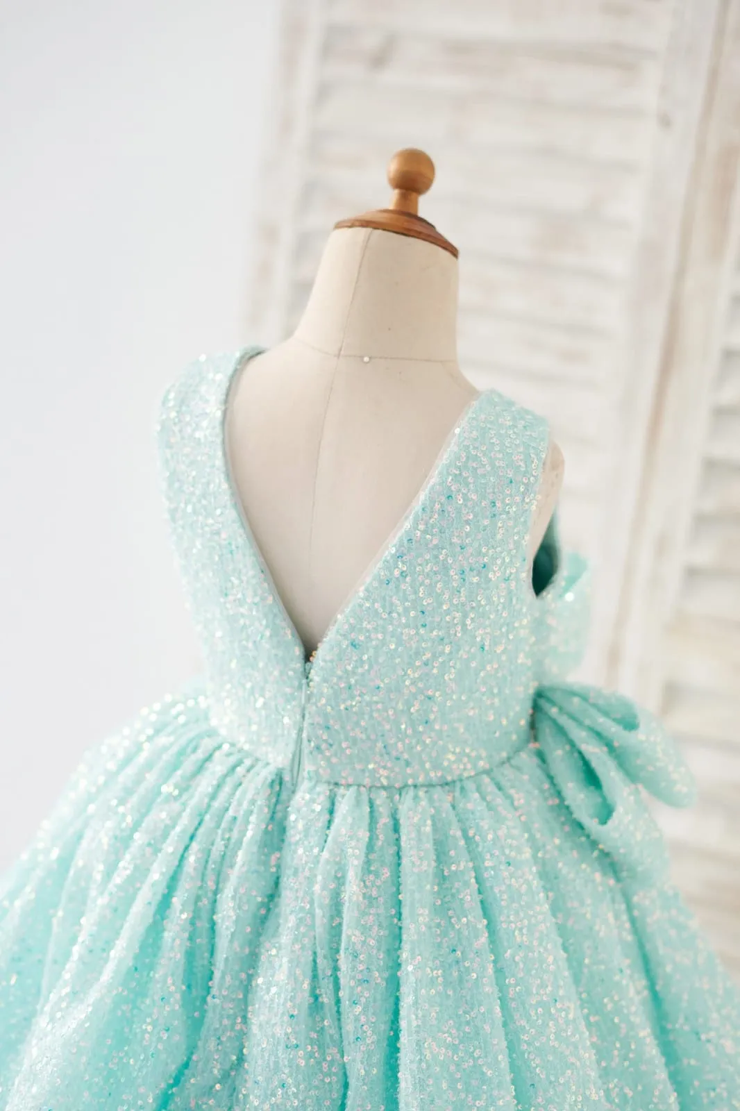 Princess V Back Mint Sequin Wedding Flower Girl Dress Kids Party Dress, Bow