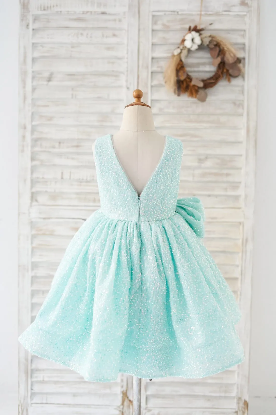 Princess V Back Mint Sequin Wedding Flower Girl Dress Kids Party Dress, Bow