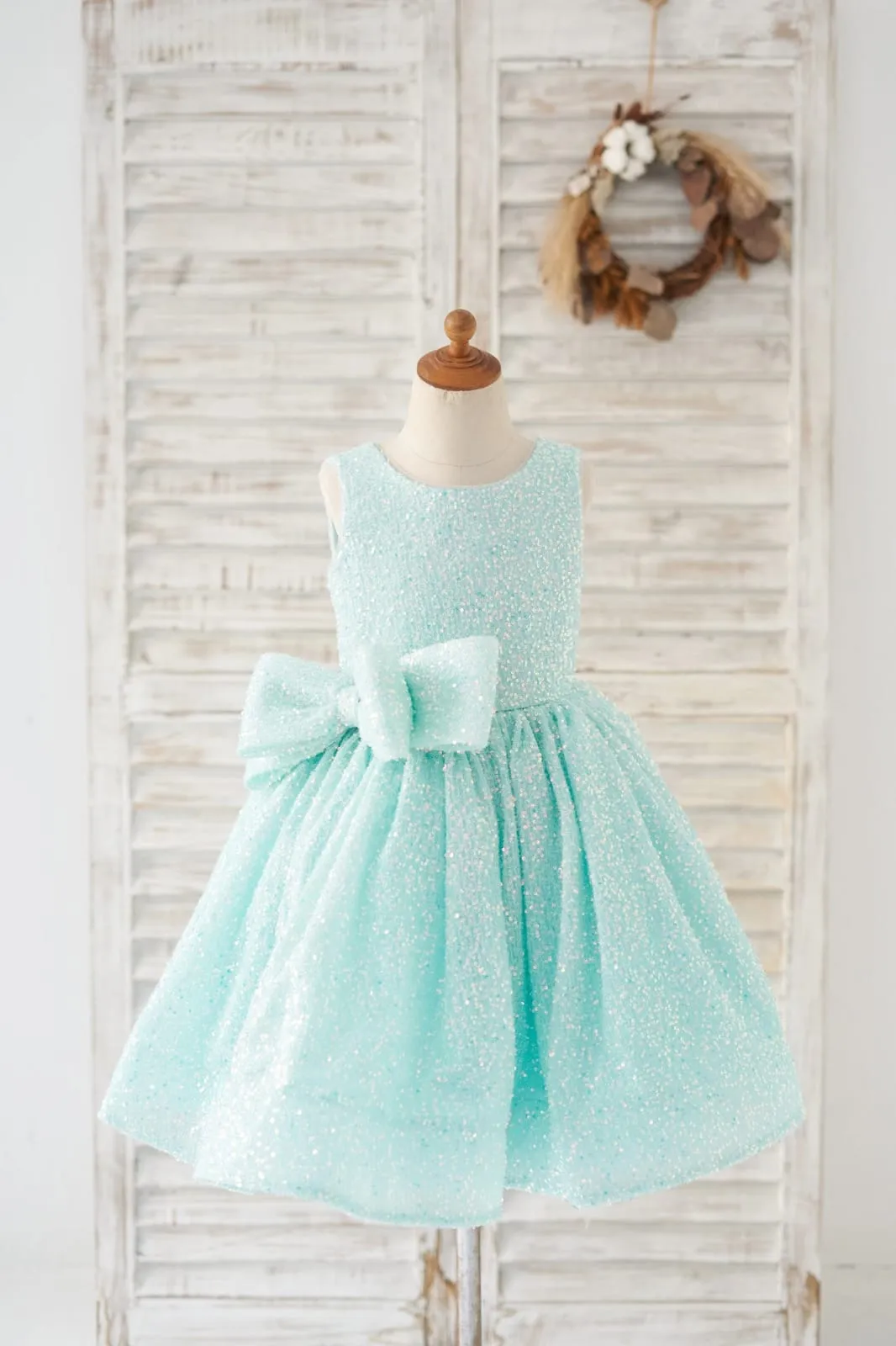 Princess V Back Mint Sequin Wedding Flower Girl Dress Kids Party Dress, Bow