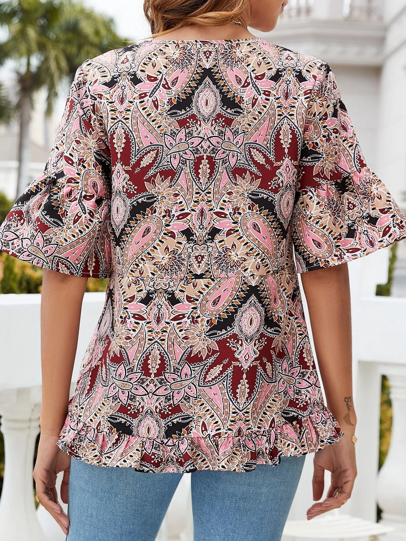 Printed Flounce Sleeve Ruffle Hem Blouse (3 Colors)