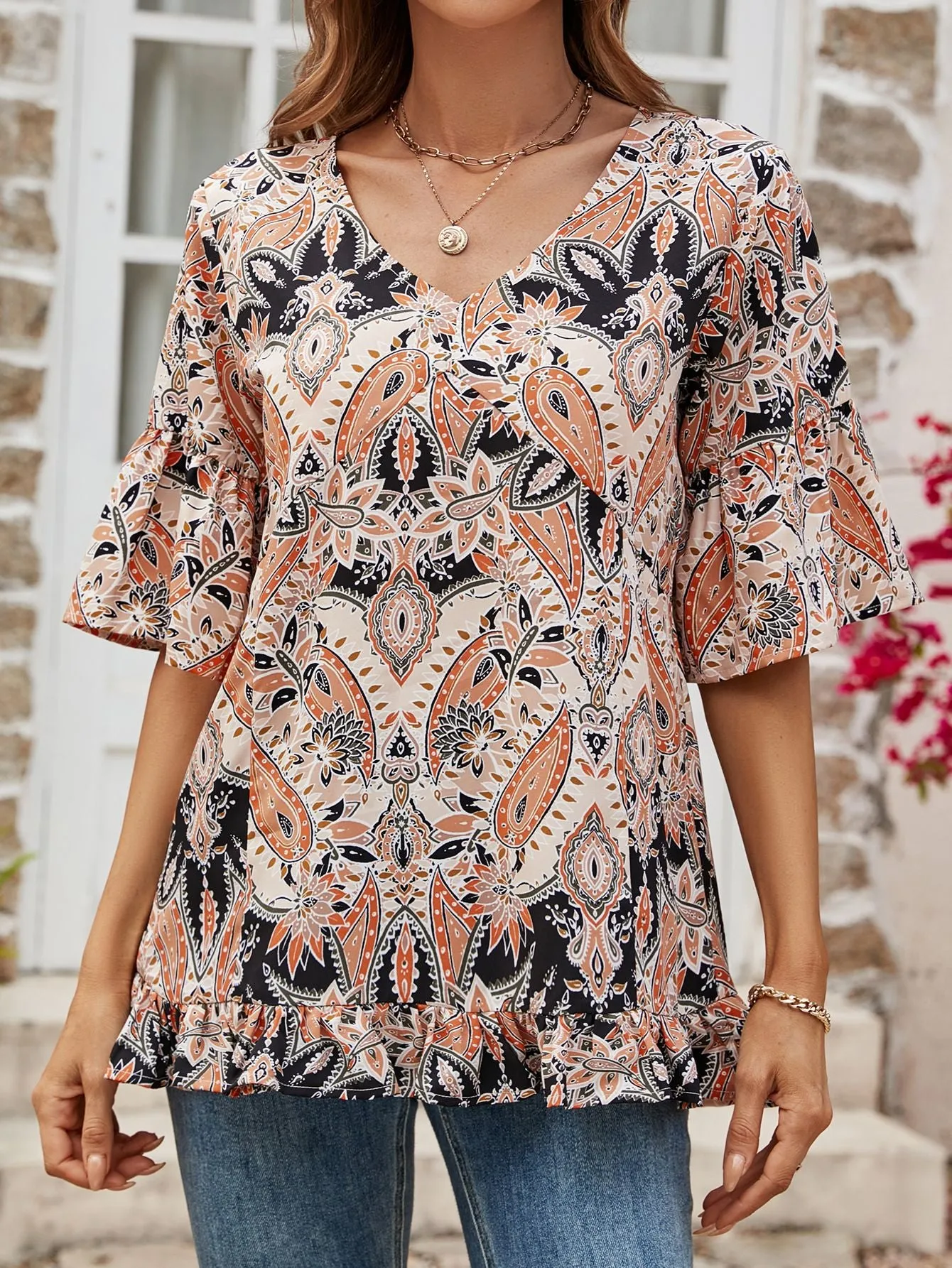 Printed Flounce Sleeve Ruffle Hem Blouse (3 Colors)
