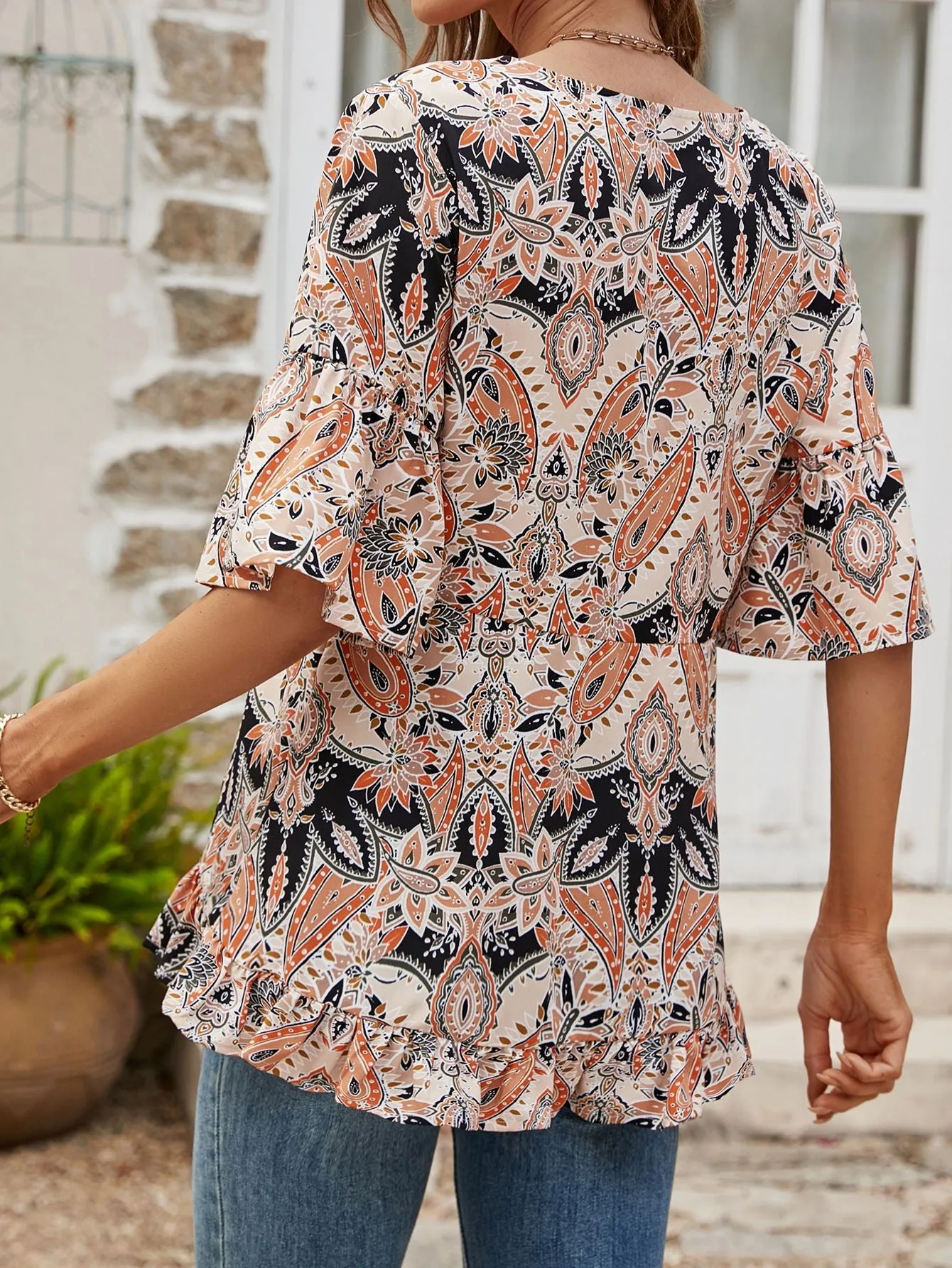 Printed Flounce Sleeve Ruffle Hem Blouse (3 Colors)