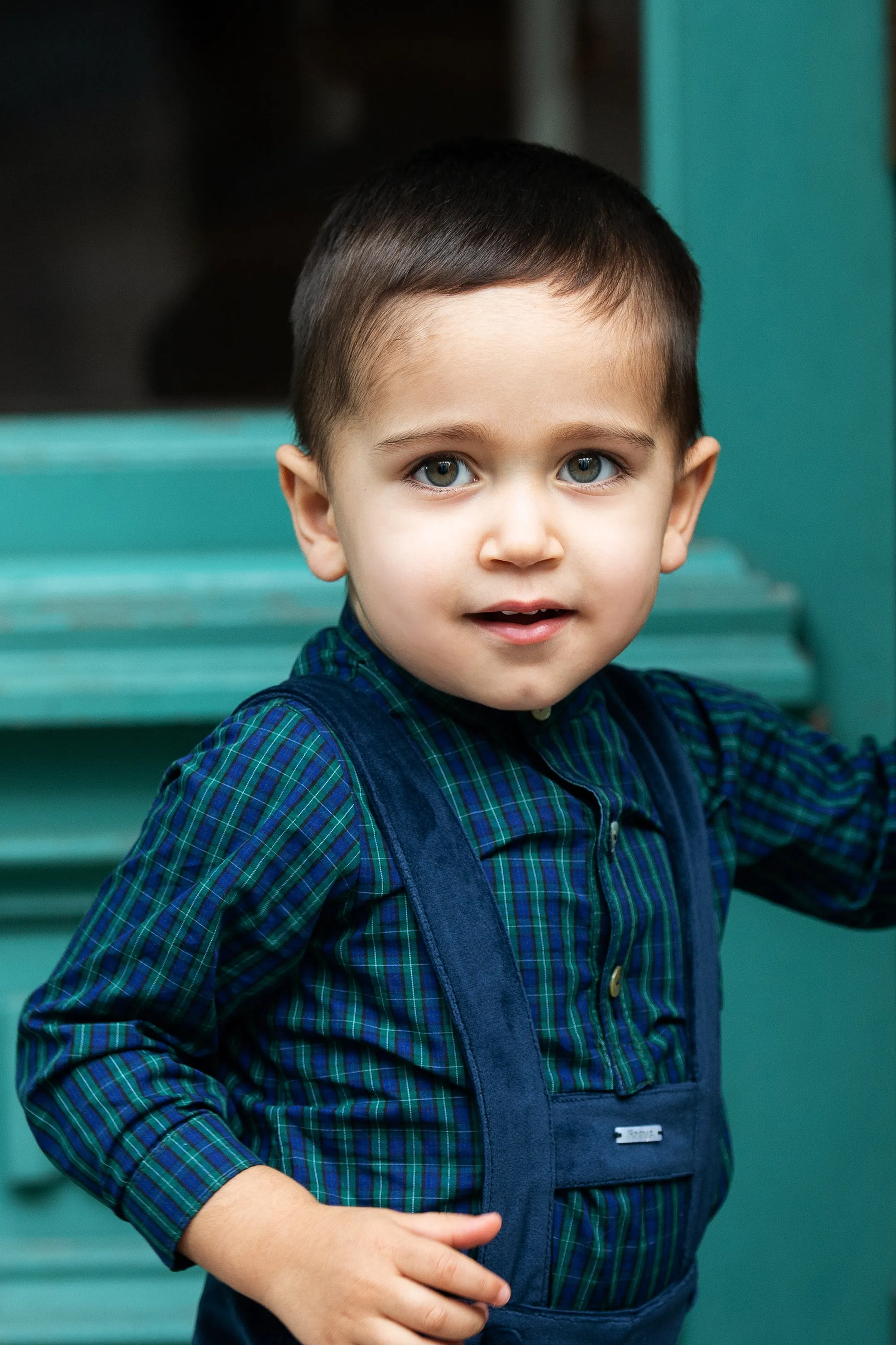 "Alexander" Navy Velvet Shorts & Tartan Shirt