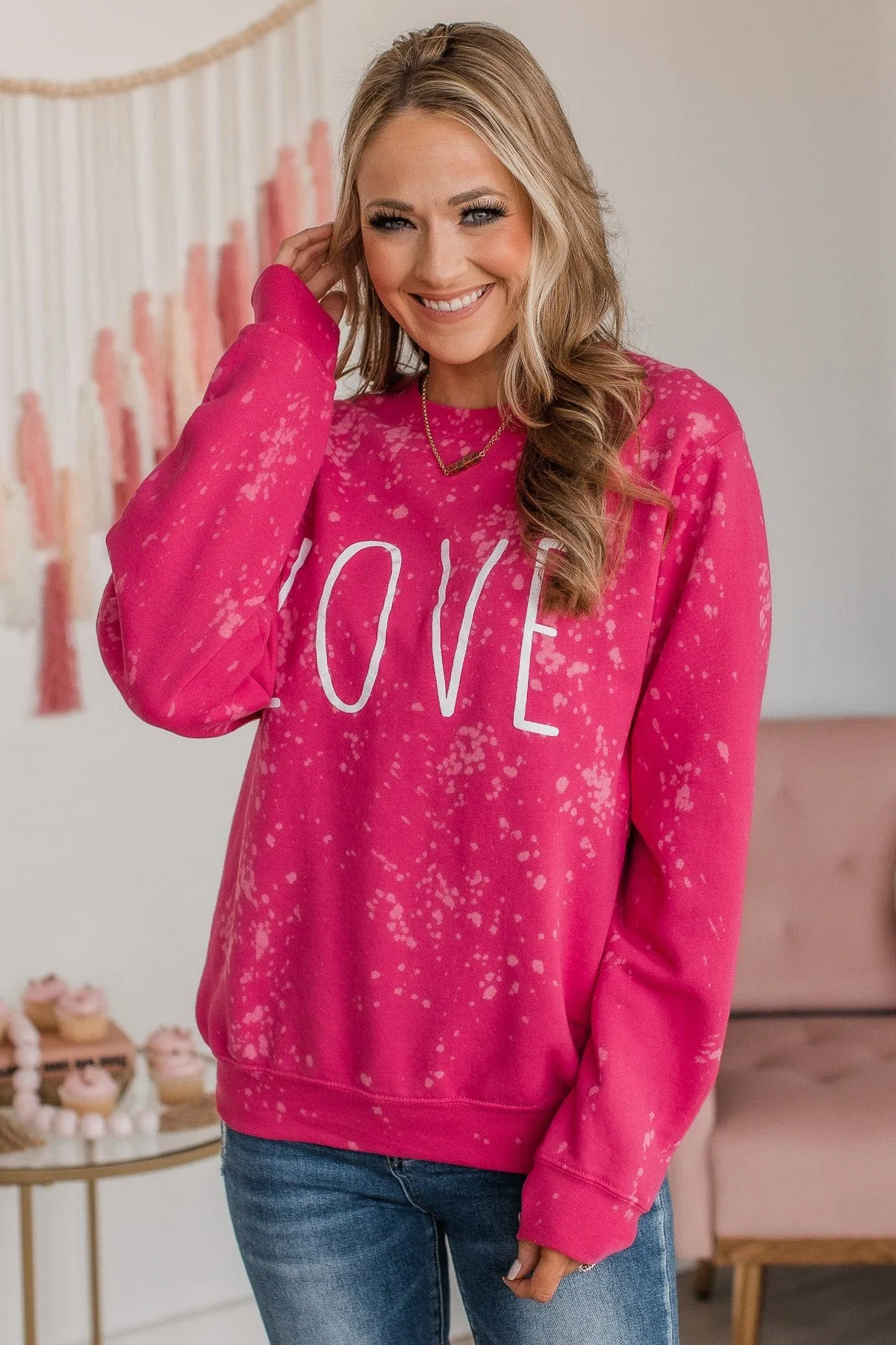 "Love" Bleached Crew Neck- Pink