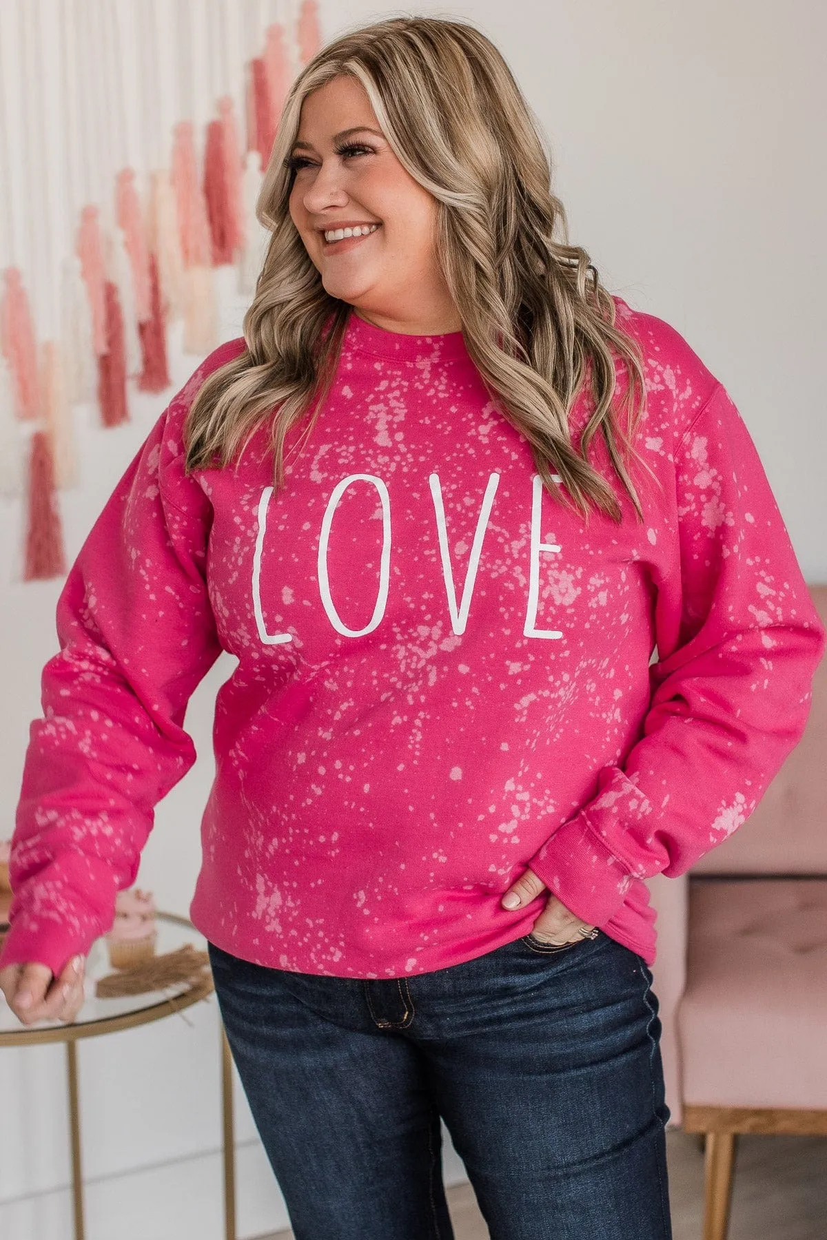 "Love" Bleached Crew Neck- Pink