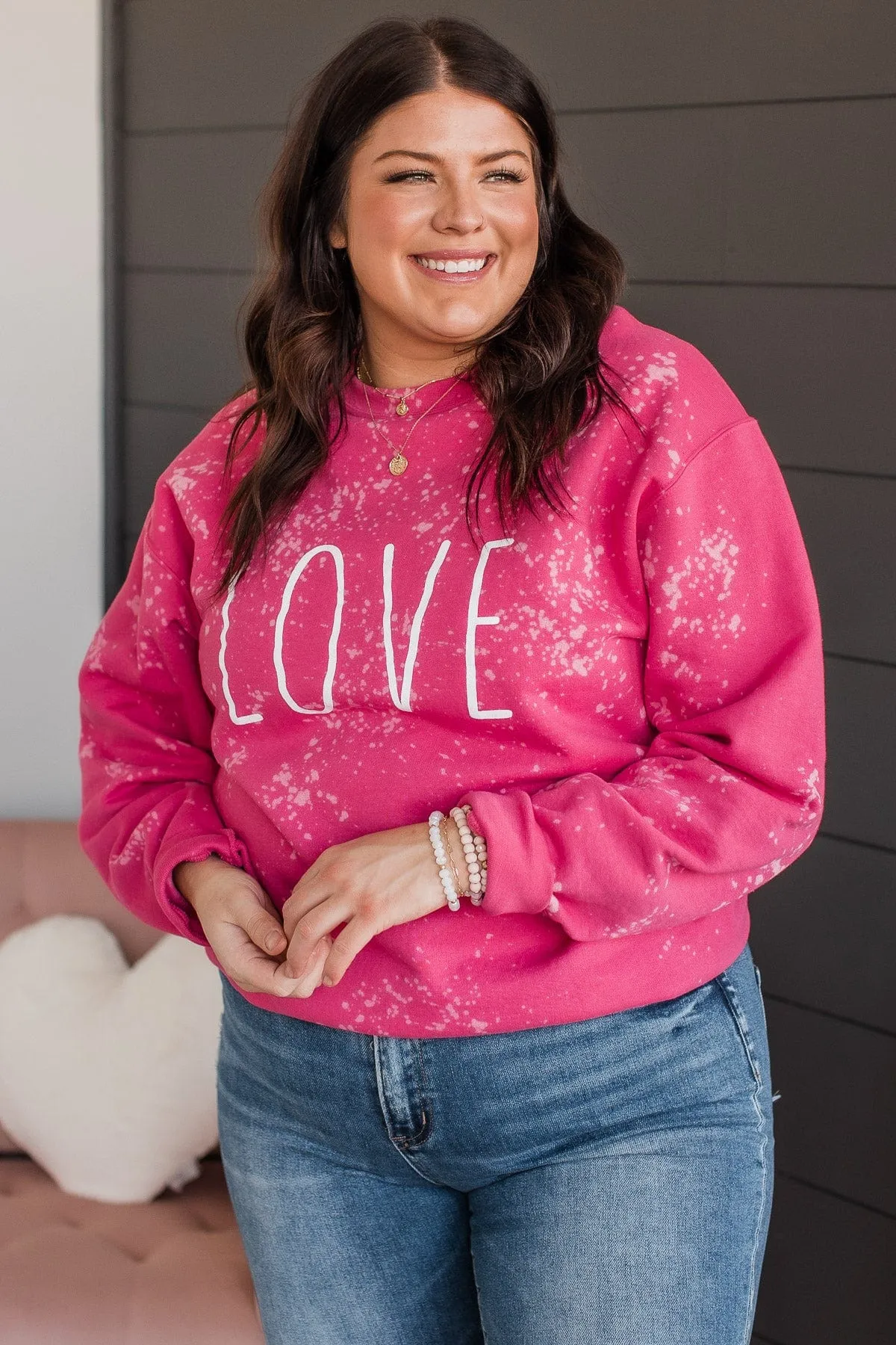"Love" Bleached Crew Neck- Pink