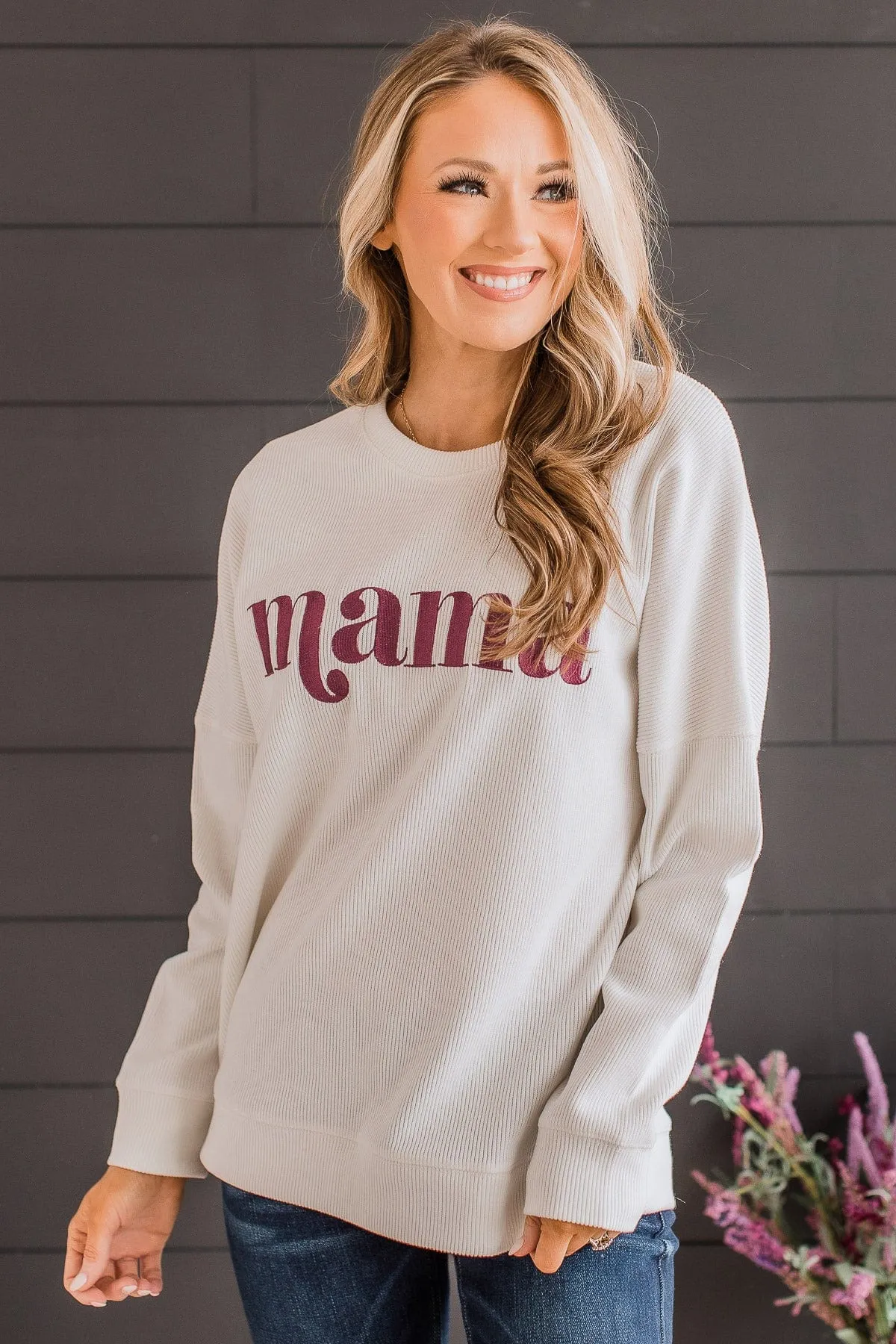 "Mama" Corduroy Knit Crew Neck- Ivory