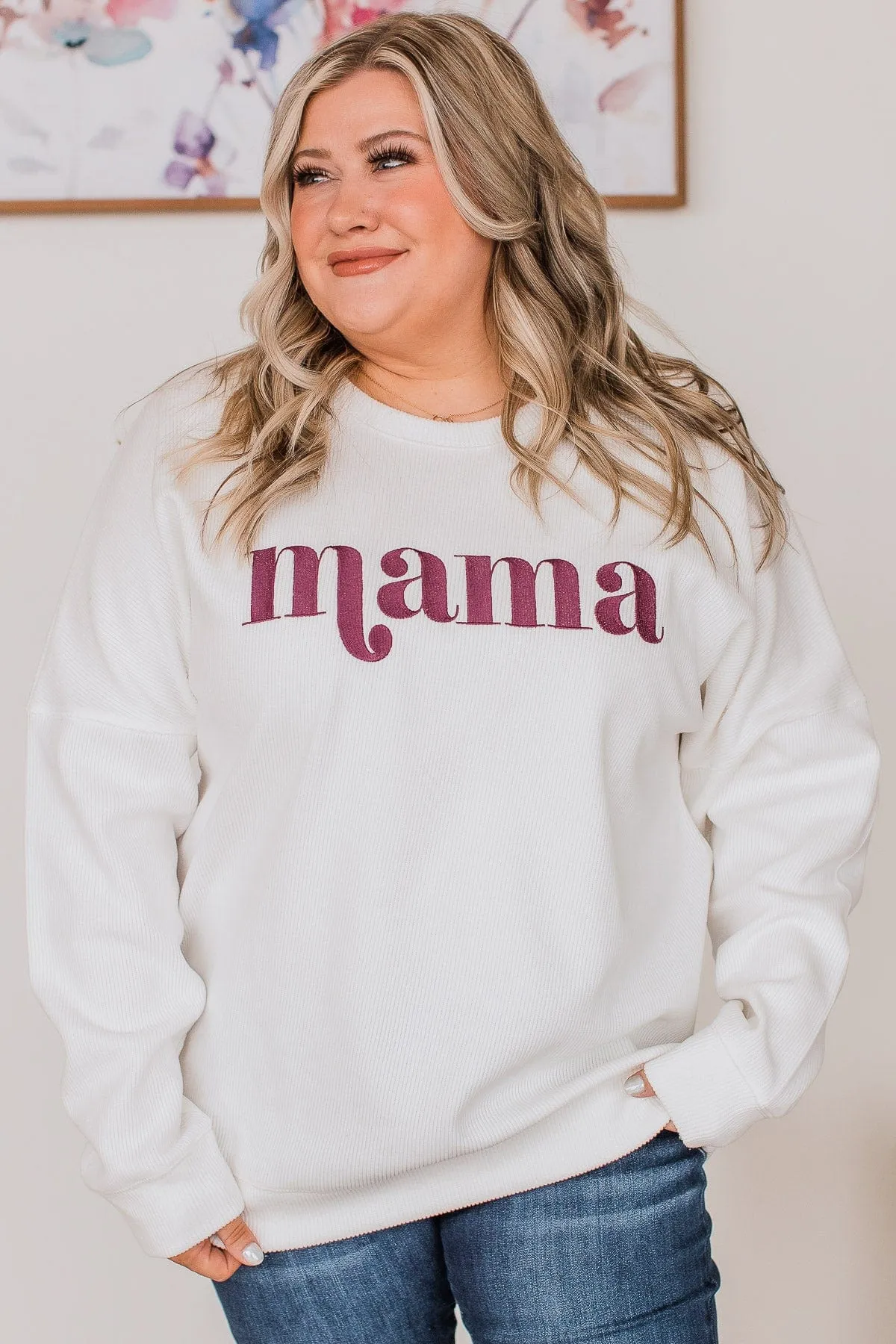 "Mama" Corduroy Knit Crew Neck- Ivory