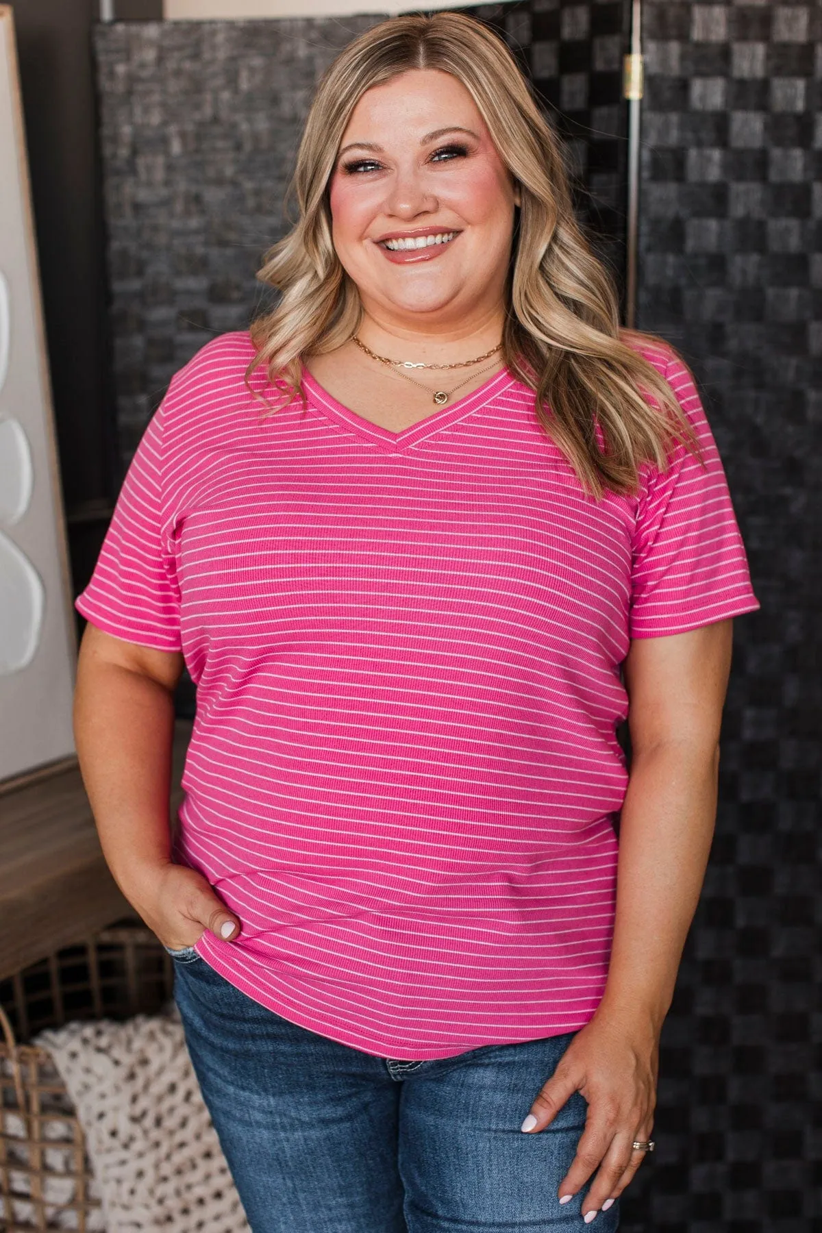 Radiate Confidence Striped V-Neck Top- Hot Pink